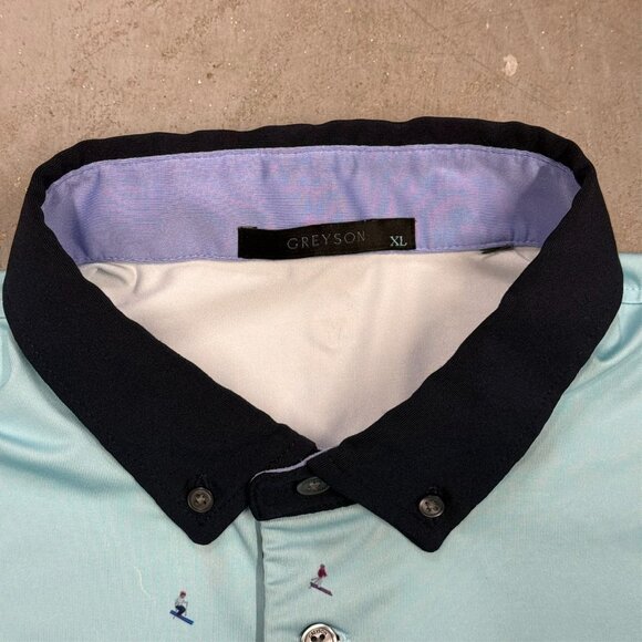 Greyson Golf Shirt Ski Man Pattern Baby Blue Stretch Polo XL - Picture 5 of 7